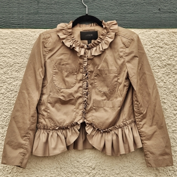 J. Crew tan khaki ruffle trim chino jacket size 2 - Picture 1 of 7